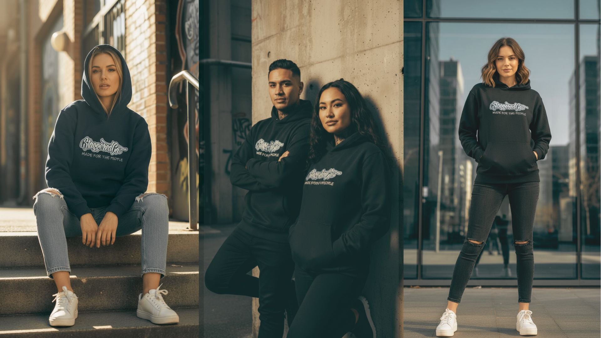 Four people wearing black hoodies with a logo, sitting and standing in urban settings.