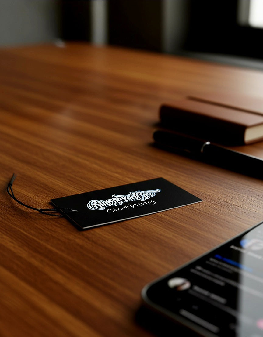 Black tag with 'StaggeredCo Clothing' on a wooden surface